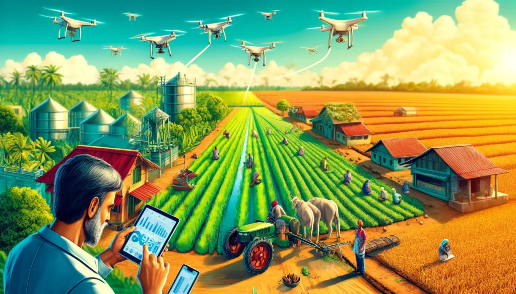 Ag Tech Farm - Agriculture Technology in India - A detailed and vivid illustration of an agriculture technology farm in India, showcasing a blend of traditional and modern agricultural techniques. Th (2)