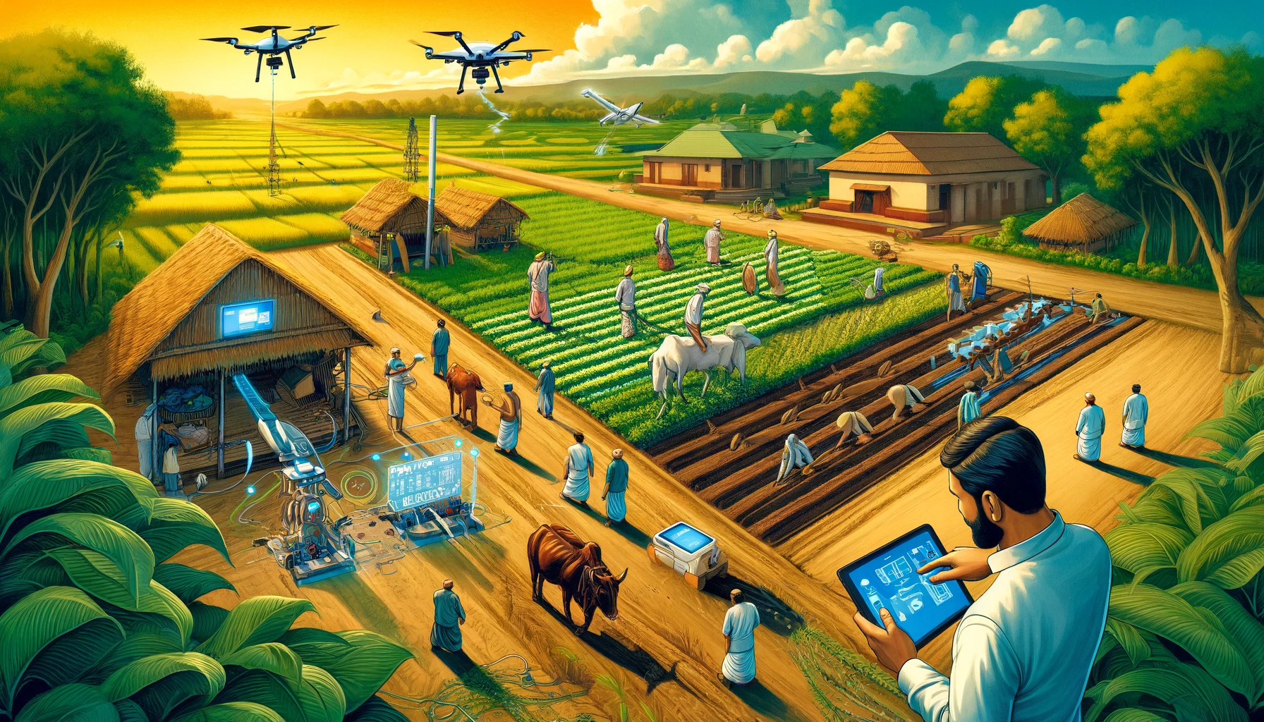 Ag Tech Farm - Agriculture Technology in India - A detailed and vivid illustration of an agriculture technology farm in India, showcasing a blend of traditional and modern agricultural techniques. Th (2)